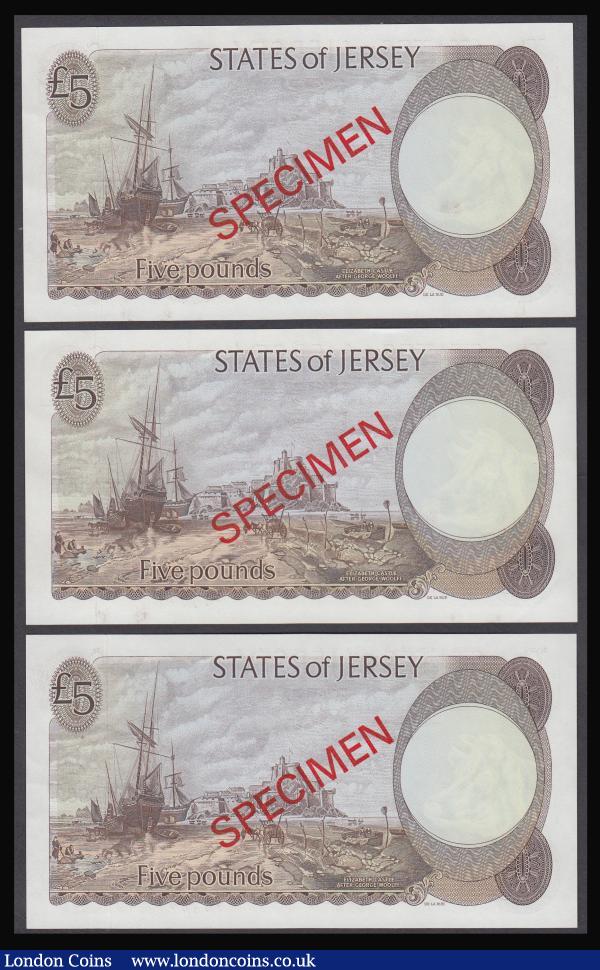 Jersey 5 Pounds 1977 Signed May Young QE II right centre SPECIMENS (3) HB 000000, KB 000000 and JB 000000 Pick 12bs Unc : World Banknotes : Auction 185 : Lot 521