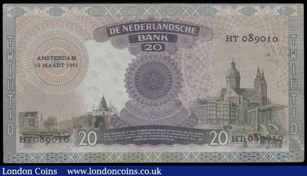 Netherlands 20 Gulden Amsterdam 19th March 1941 GEF-AU : World Banknotes : Auction 185 : Lot 529