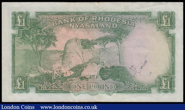 Rhodesia and Nyasaland One Pound Salisbury 6th January 1961 Pick 21b VF some small faint stains reverse X/64 600221 QE II portrait at right : World Banknotes : Auction 185 : Lot 543
