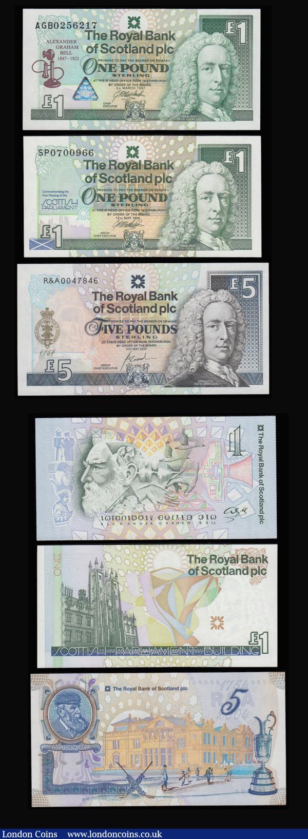 Scotland (10) Bank of Scotland 1 Pound 12.12.1985, Royal Bank 1 Pounds 24.3.1992, 8.12.1992 EU Summit, 3.12.1994 Stevenson, 3.3.1997 Graham Bell, 12.5.1999 Parliament. 5 Pounds 23.3.1994, 14.5.1994 St Andrews, 1.7.2005 Surgeons, 14.7.2005 Niklaus all Unc : World Banknotes : Auction 185 : Lot 546