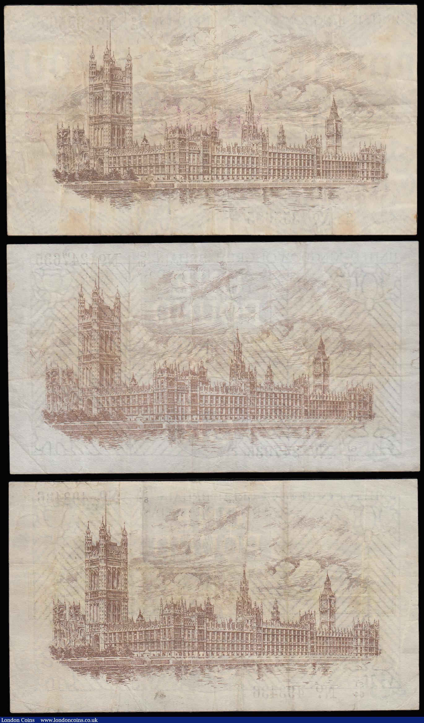 London Coins : A185 : Lot 57 : One Pounds Treasury Houses of Parliament reverse (3) Bradbury prefix G/13 VF with some stains, Warre...