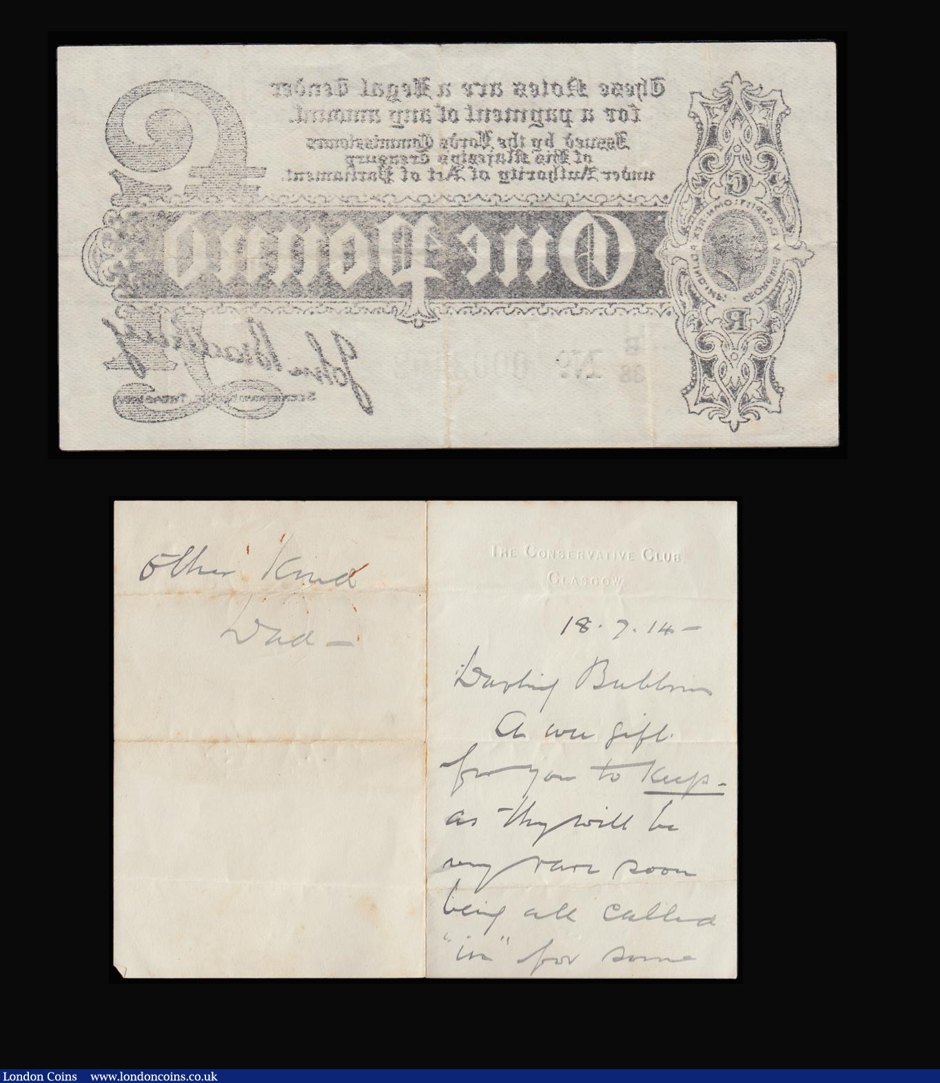 London Coins : A185 : Lot 6 : One Pound Bradbury T3.4 B38 0003492. Seven digits, very scarce perhaps the hardest of the T3 issue t...
