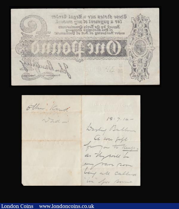 One Pound Bradbury T3.4 B38 0003492. Seven digits, very scarce perhaps the hardest of the T3 issue to find, pleasant VF accompanied by a hand written note on The Conservative Club Glasgow paper 18.7.14. We have not offered an T3.4 since 2011 that example in EF realised £2,000 : English Banknotes : Auction 185 : Lot 6