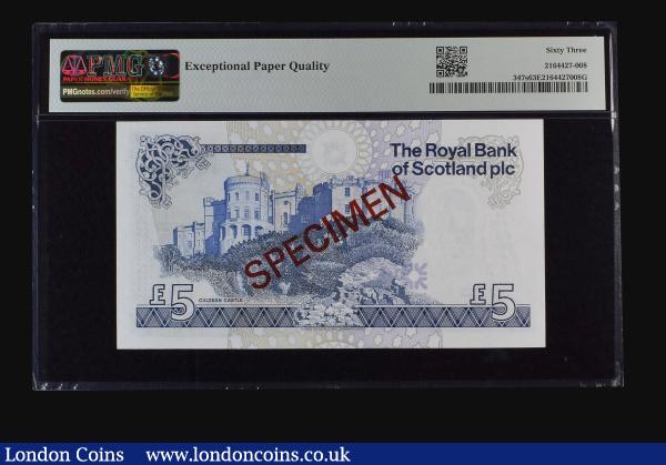 Scotland Royal Bank of Scotland plc 5 Pounds SPECIMEN  signed Maiden 25th March 1987 Lord Hay right, Balmoral Castle reverse series A/1 000000, Pick 347s Choice Uncirculated PMG 63 EPQ : World Banknotes : Auction 185 : Lot 602