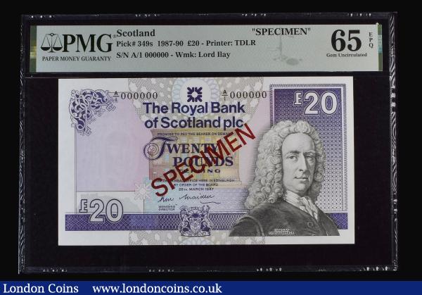 Scotland The Royal Bank of Scotland plc 20 Pounds 25 March 1987  Pick 349s signature Maiden SPECIMEN serial number A/1 000000 Gem Uncirculated PMG 65 EPQ desirable thus : World Banknotes : Auction 185 : Lot 609