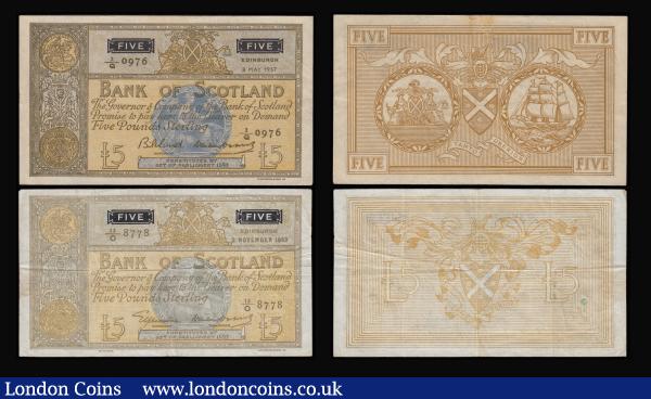 Scotland, Bank of Scotland 5 Pounds (5) 2.11.1953 VF some light stains reverse, 8.5.1957 VF, Sir W Scott 7.1.1994 Unc, 21.11.1977 Fine and Polymer 25.3.2016 AA003121 Unc in a presentation folder : World Banknotes : Auction 185 : Lot 616