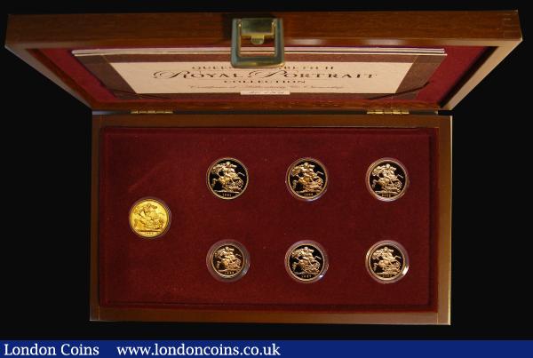 Sovereigns and Half Sovereigns a 7-coin set 'Queen Elizabeth II Royal Portrait Collection' comprising Sovereigns (4) 1958 Marsh 298, S.4125 UNC, 1981 Marsh 312A, S.SC1 Gold Proof FDC, 1986 Marsh 313E, S.SC2 Gold Proof FDC, 2003 Marsh 318, S.SC4 Gold Proof FDC, Half Sovereigns (3) 1983 Marsh 544B, S.SB1 Gold Proof FDC, 1987 Marsh 544F, S.SB2 Gold Proof FDC, 2003 Marsh 548A, S.SB4 Gold Proof FDC in the Royal Mint wooden box with certificate and booklet : English Cased : Auction 185 : Lot 844