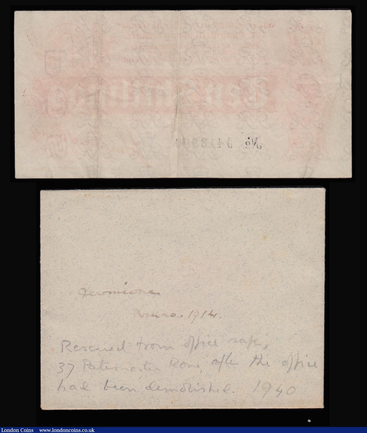 London Coins : A185 : Lot 9 : Ten Shillings Bradbury T9 First issue Dash in No. ornate font and 6 digit serial issued 1914 serial ...