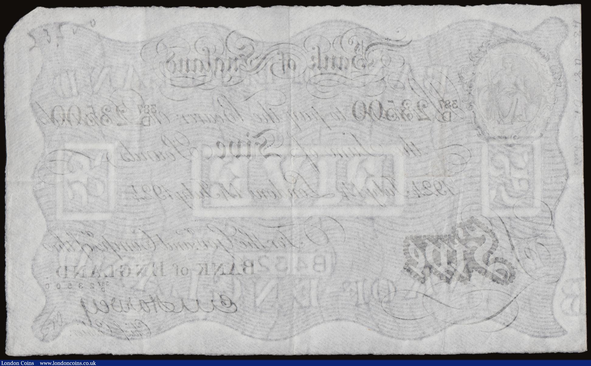 London Coins : A186 : Lot 10 : Five Pounds Harvey white B209a dated 14th July 1924 London series 387/D 23500, pleasing GVF
