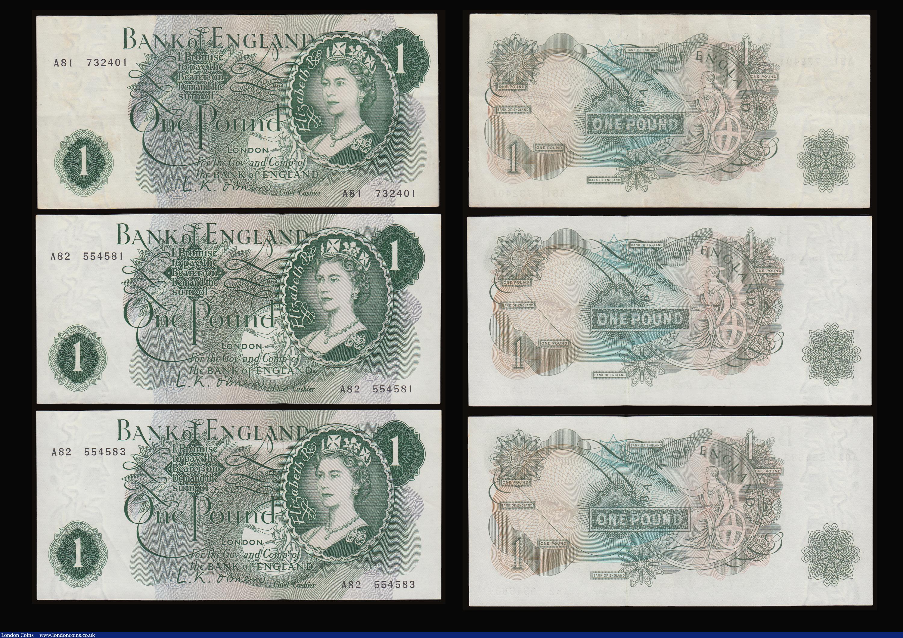 London Coins : A186 : Lot 102 : One Pound O'Brien 1960 Britannia reverse B281 first series (6) various Axx prefixes including 2...