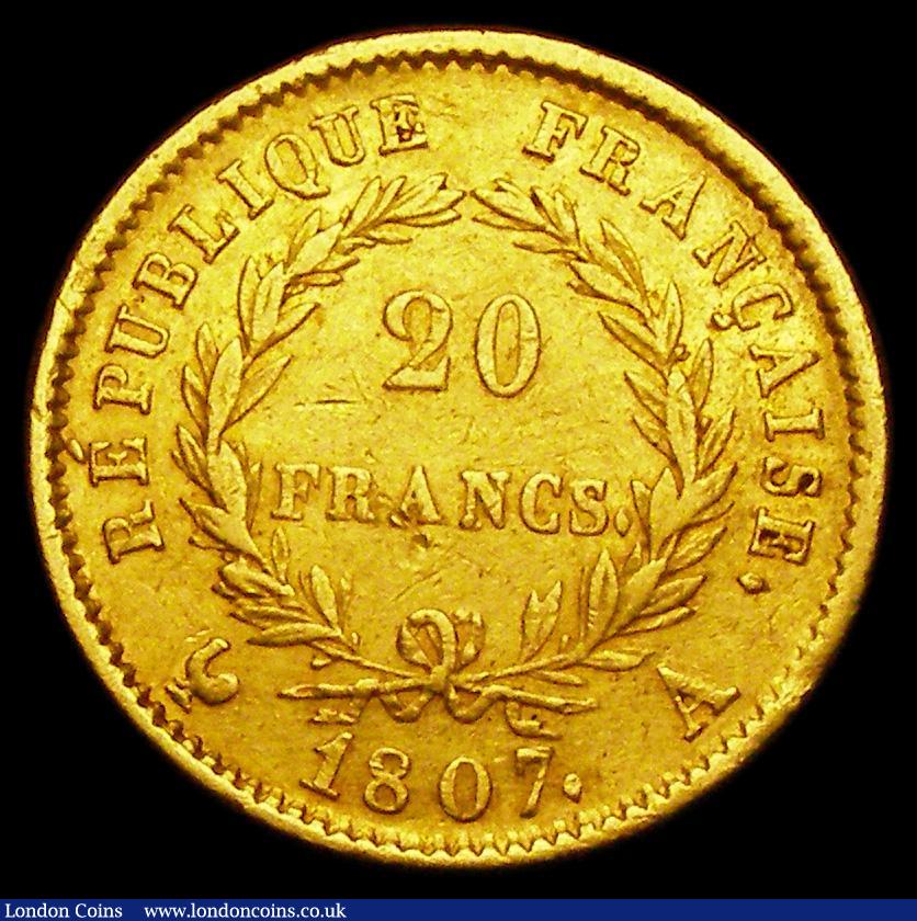London Coins : A186 : Lot 1032 : France 20 Francs Gold 1807A Paris Mint, Reverse with REPUBLIQUE FRANCAISE legend, KM#687.1, Fine