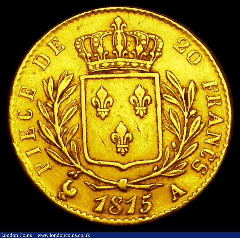 London Coins : A186 : Lot 1035 : France 20 Francs Gold 1815A First Restoration, Paris Mint, Reverse with PIECE DE 20 FRANCS legend KM...