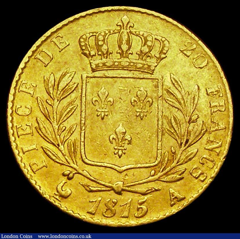 London Coins : A186 : Lot 1036 : France 20 Francs Gold 1815A First Restoration, Paris Mint, Reverse with PIECE DE 20 FRANCS legend KM...