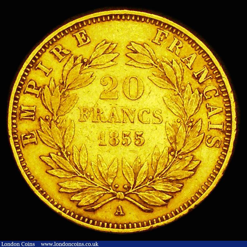 London Coins : A186 : Lot 1041 : France 20 Francs Gold 1855A (d) Paris Mint, Privy Mark Dog's Head KM#781.1 VF
