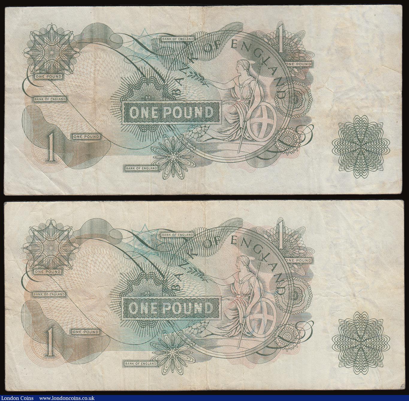 London Coins : A186 : Lot 105 : One Pound O'Brien B285 issued 1960 first run replacement (2) M01 187499 Fine and M01 450351 Fin...