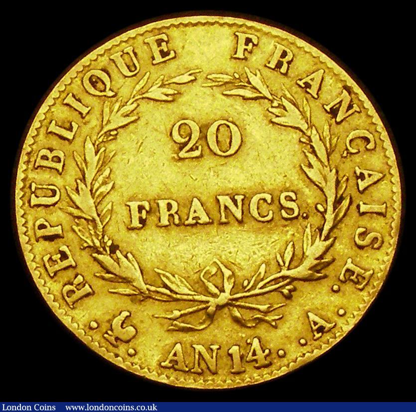 London Coins : A186 : Lot 1055 : France 20 Francs Gold An14A Paris Mint, KM#663.1, Near Fine/Fine