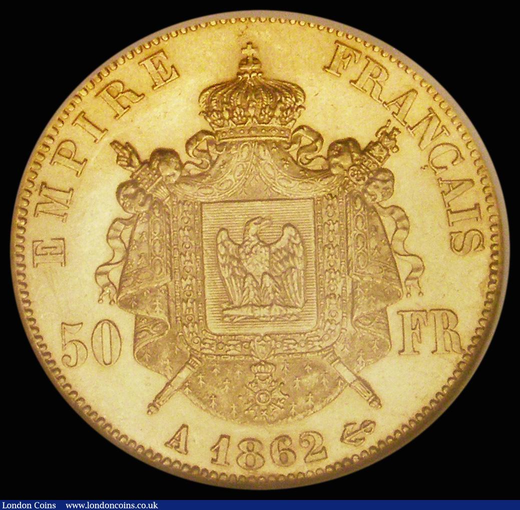 London Coins : A186 : Lot 1057 : France 50 Francs Gold 1862A Paris Mint KM#804.1, in an NGC holder and graded AU55