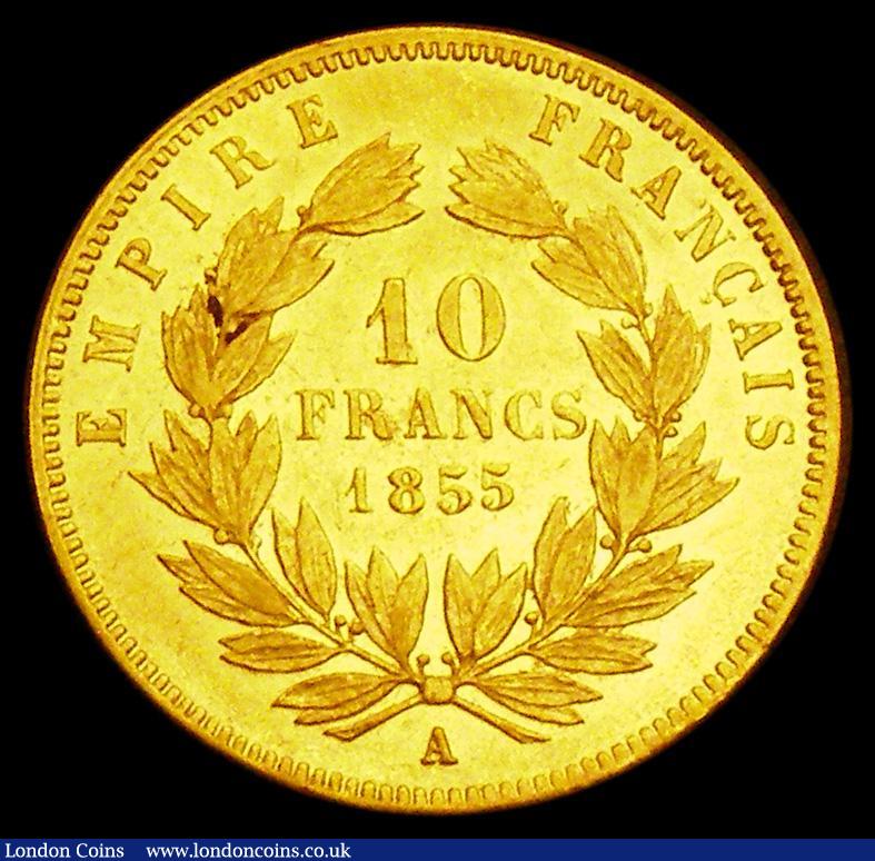 London Coins : A186 : Lot 1060 : France Ten Francs Gold 1855A 19mm diameter, Milled Edge, KM#784.3 NEF with some contact marks and li...