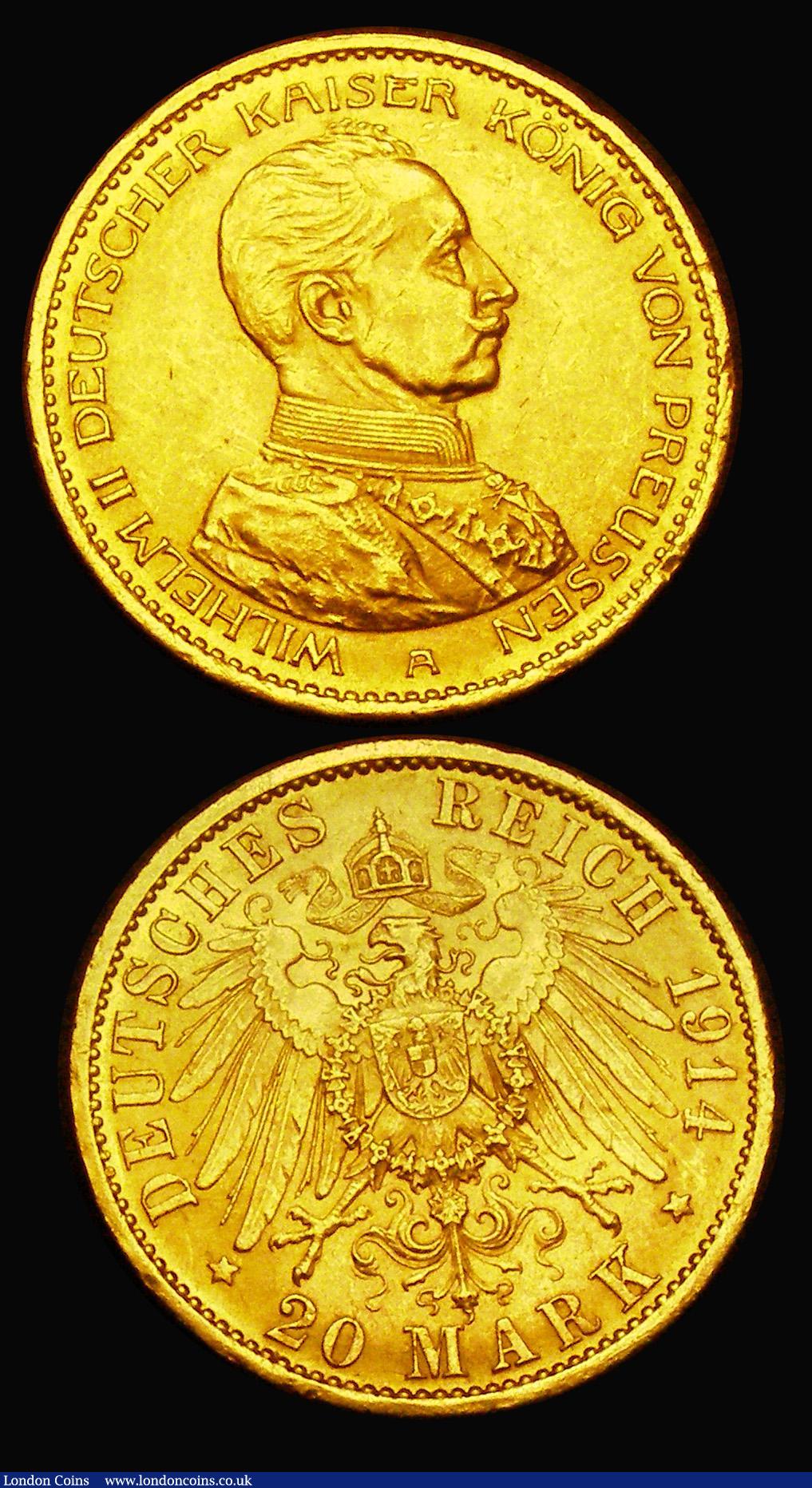 London Coins : A186 : Lot 1066 : German States - Prussia 20 Marks 1914A both EF and lustrous, one with some small tone spots on the r...