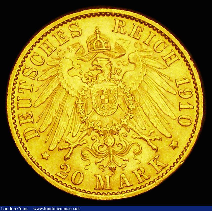 London Coins : A186 : Lot 1069 : German States - Prussia 20 Marks Gold 1910A KM#521 GEF and lustrous with some contact marks