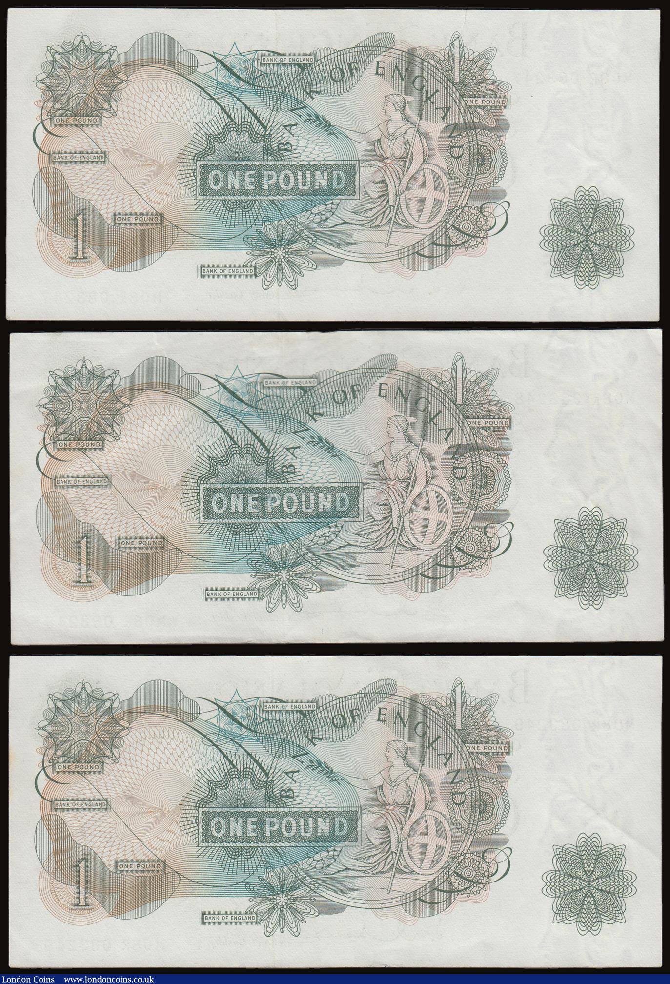 London Coins : A186 : Lot 110 : One Pound Hollom B291 issued 1963, QE2 portrait at right, scarce replacement last series (3 consecut...