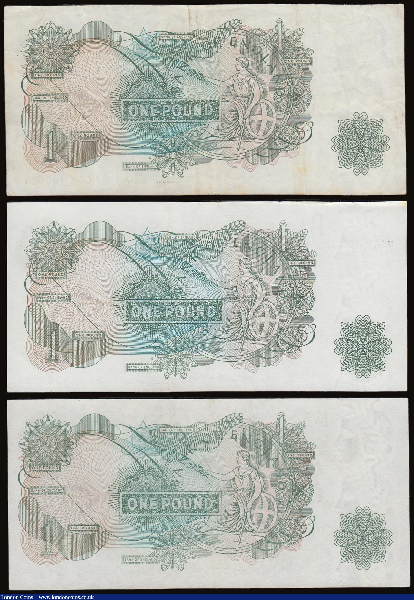 London Coins : A186 : Lot 111 : One Pound Hollom G reverse replacement B293 (3) prefix M05N VF faint stains, M10N and M20N AU-Unc