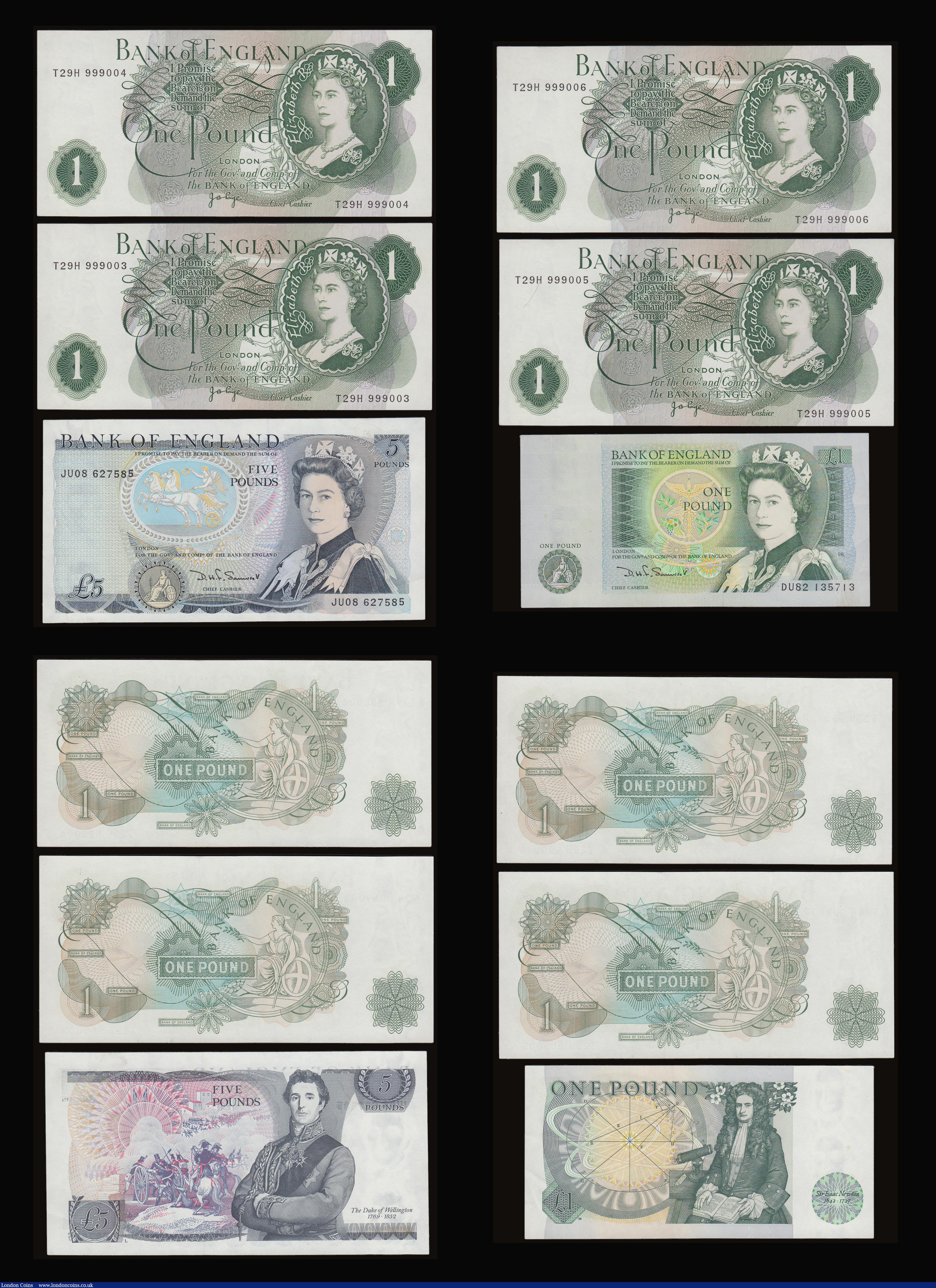 London Coins : A186 : Lot 119 : Consecutive number runs Ten Shillings Hollom 1963 B295 (3) 98E 724474 - 476. One Pound Page 1970 B32...
