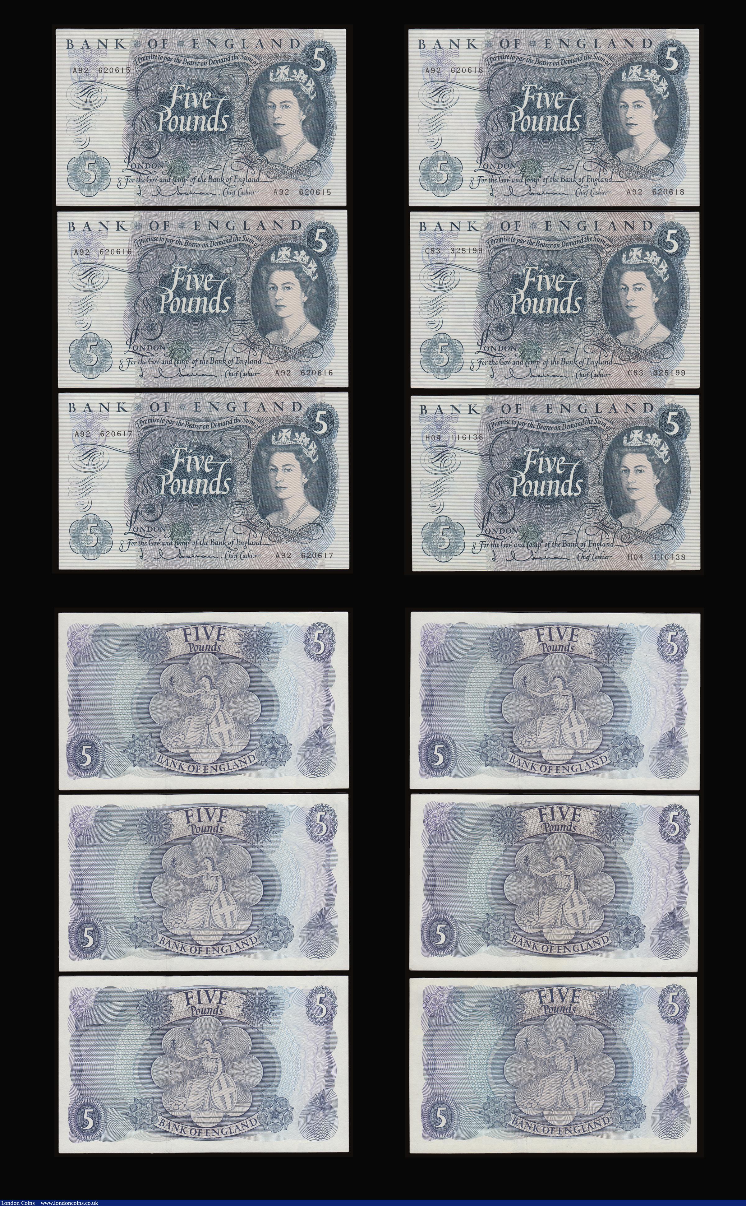 London Coins : A186 : Lot 122 : Five Pounds Hollom Child Britannia B297 (10) issued 1963, mid series prefixes Unc (8) AU (2)