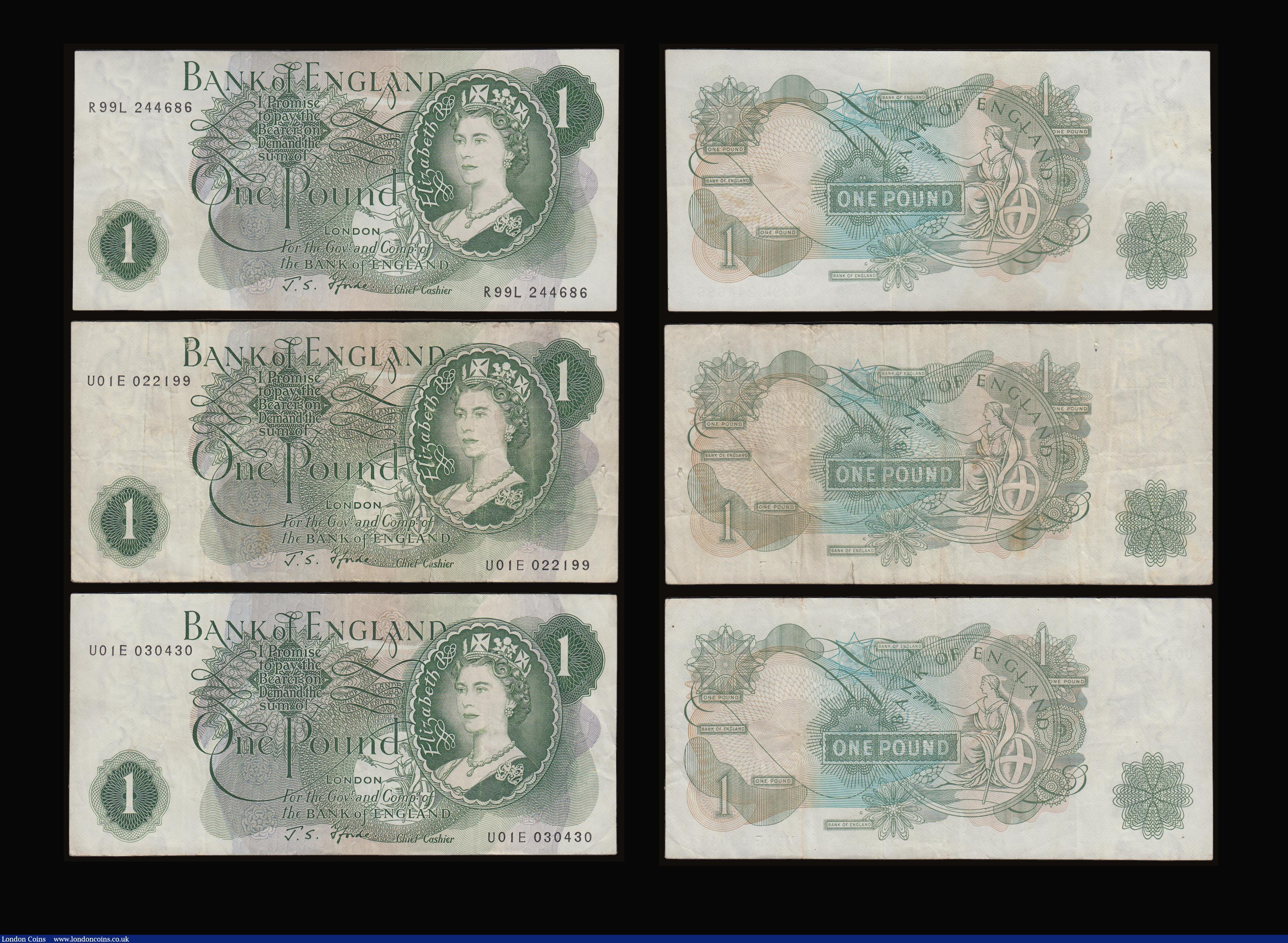 London Coins : A186 : Lot 138 : One Pound Fforde QE2 portrait & Seated Britannia B307 G reverse 1967 scarce prefixes (4) R01B 11...