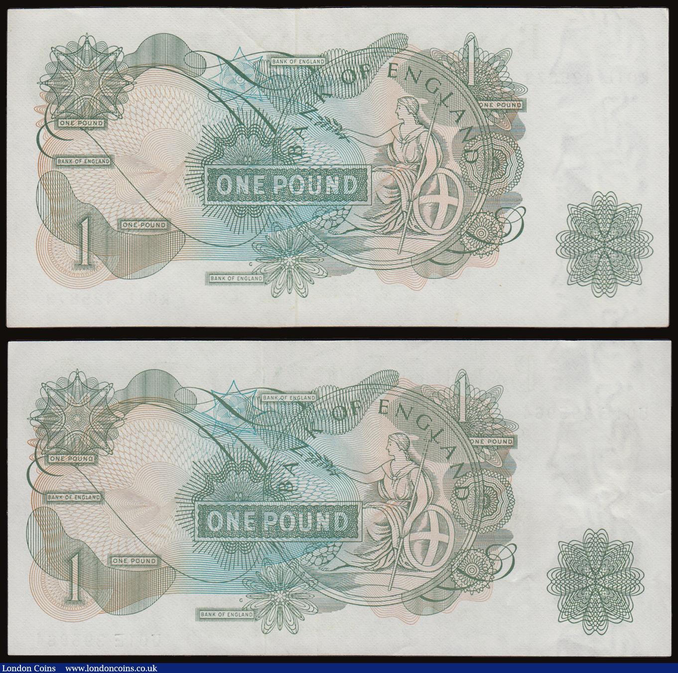 London Coins : A186 : Lot 139 : One Pound Fforde QE2 portrait & Seated Britannia B307 G reverse 1967 scarce prefixes R01L 425873...