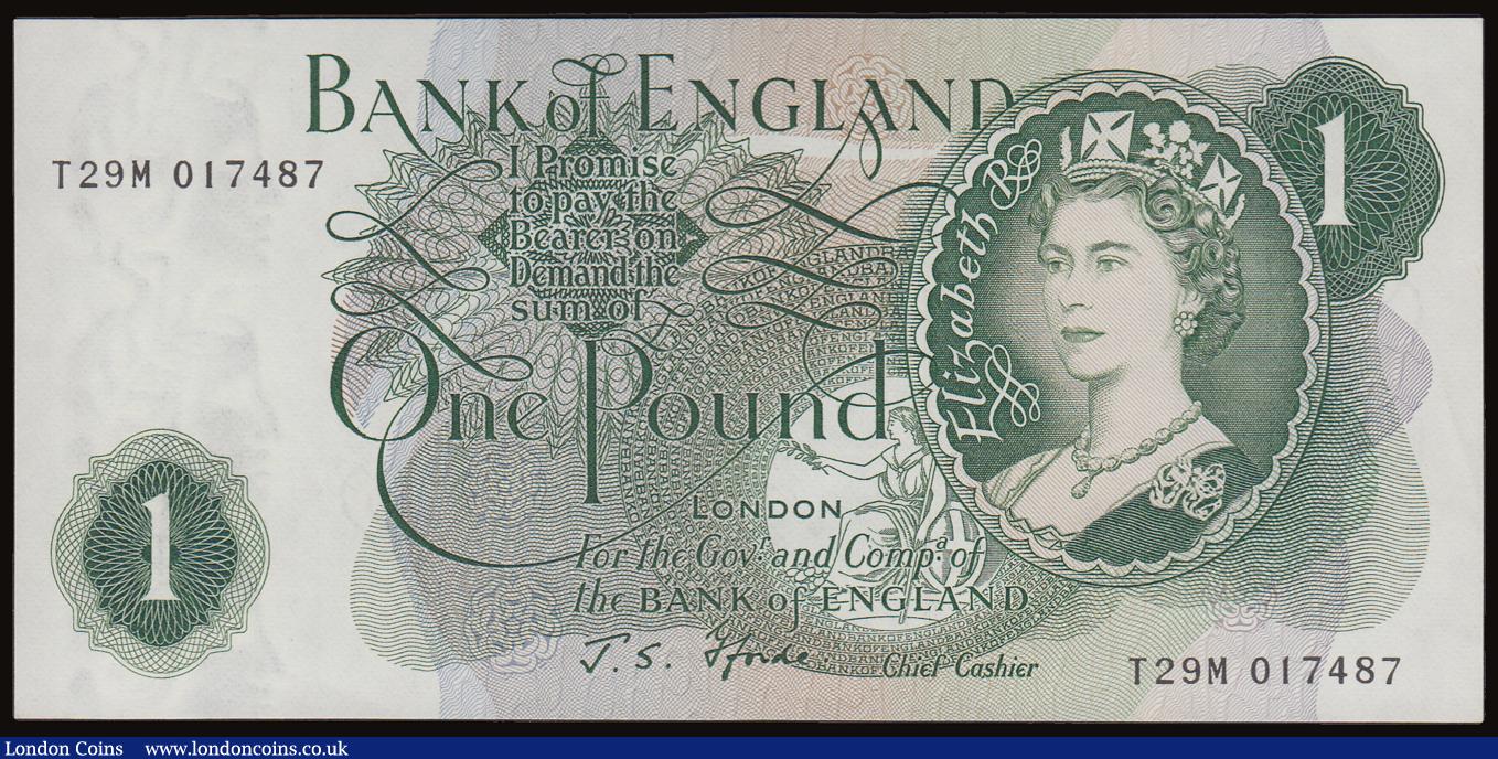 London Coins : A186 : Lot 143 : One Pound Fforde B308 issued 1967, G reverse replacement T29M 017487, first number for this prefix, ...