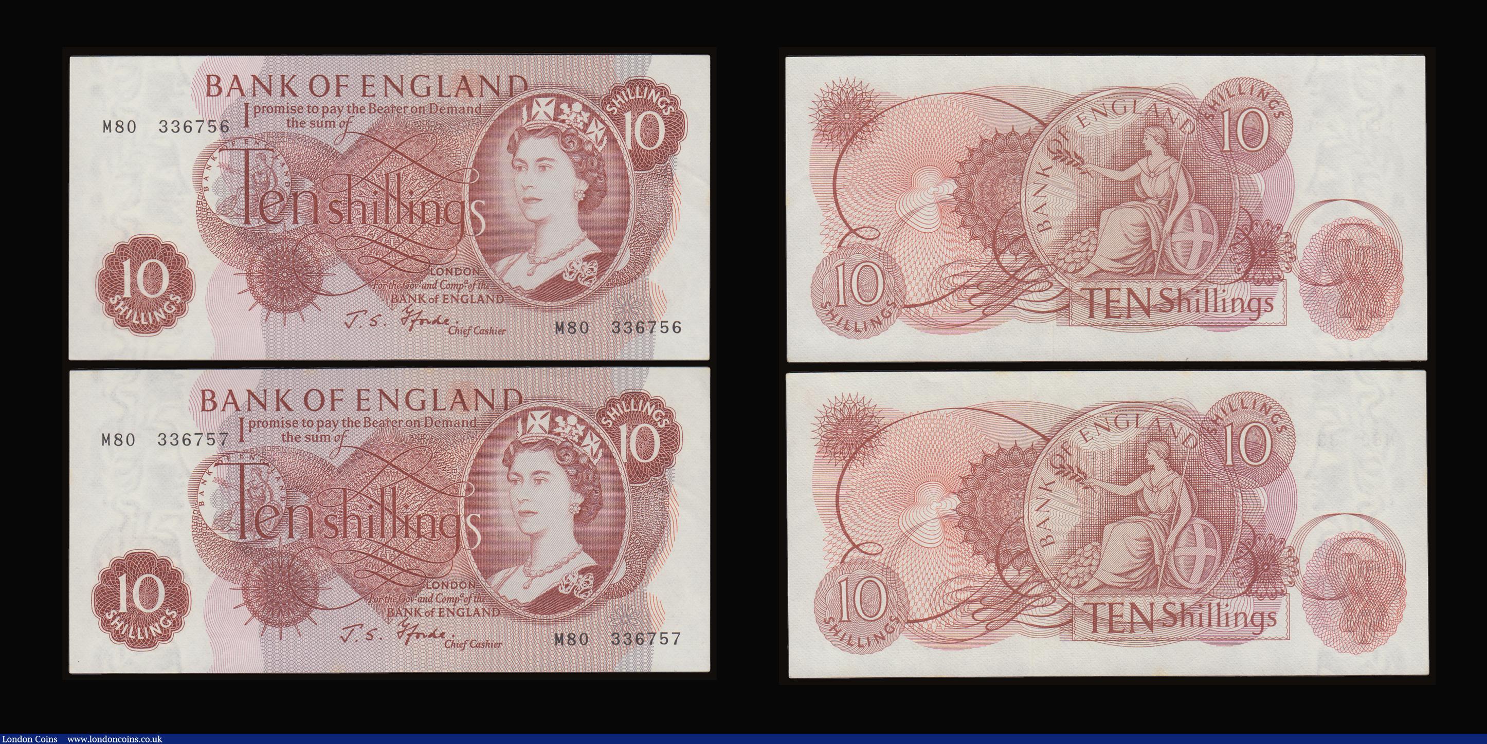London Coins : A186 : Lot 149 : Ten Shillings Fforde B311, LAST RUN REPLACEMENT series M80, (4) including a consecutively numbered p...