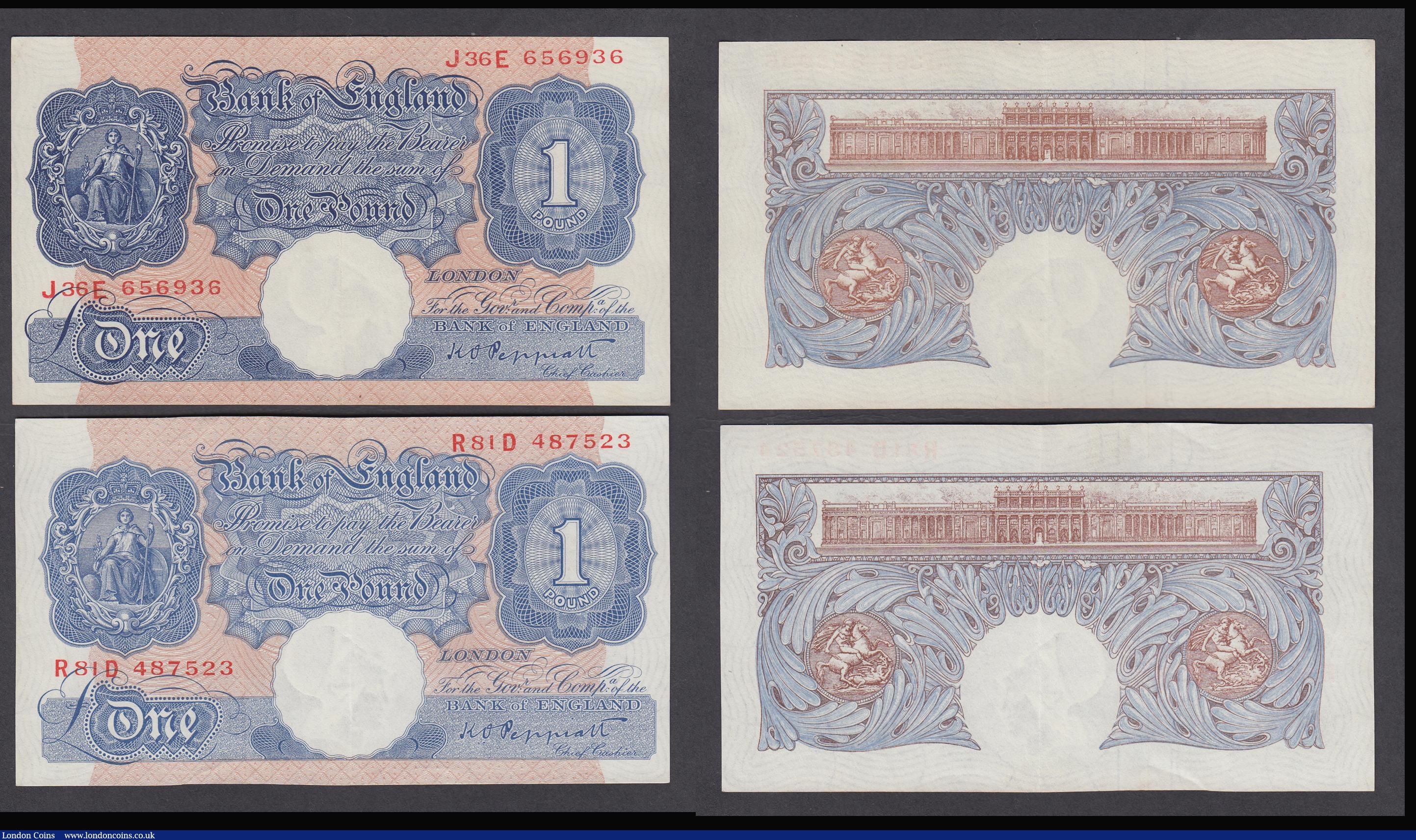 London Coins : A186 : Lot 15 : One Pound Mahon (2) prefixes C87 and E94 aVF and GVF, Peppiatt Blue (2) prefixes J36E and R81D VF, P...