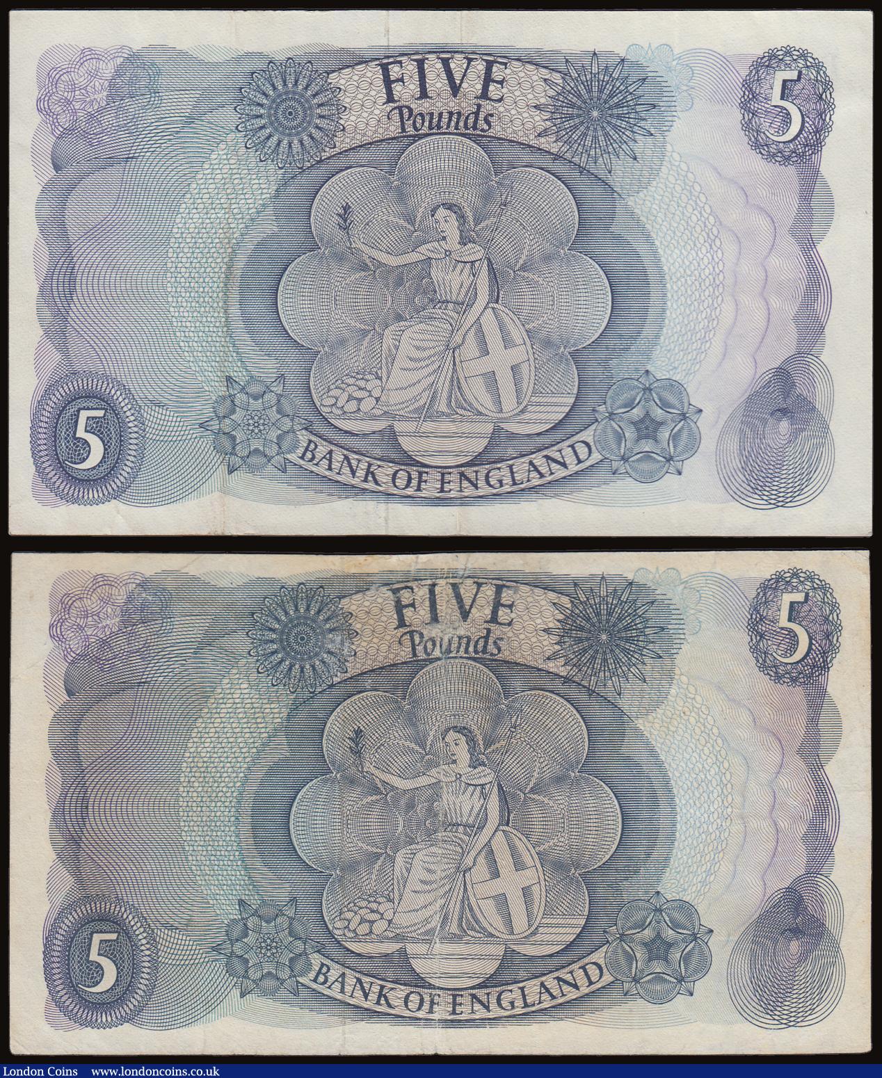 London Coins : A186 : Lot 151 : Five Pounds Fforde QE2 portrait & seated child Britannia B313 Replacement issue 1967 (2) M11 716...