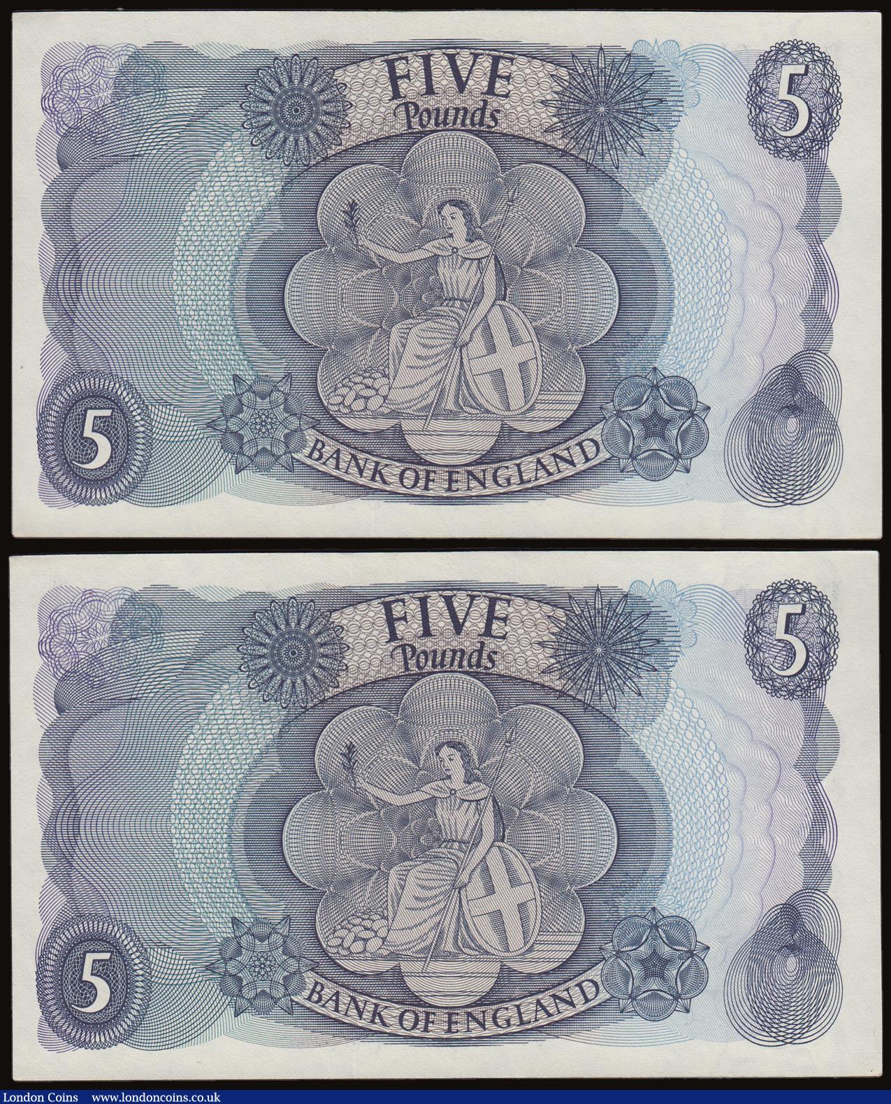 London Coins : A186 : Lot 153 : Five Pounds Fforde QE2 portrait & seated child Britannia B315 Replacement issue 1967 (2 near con...