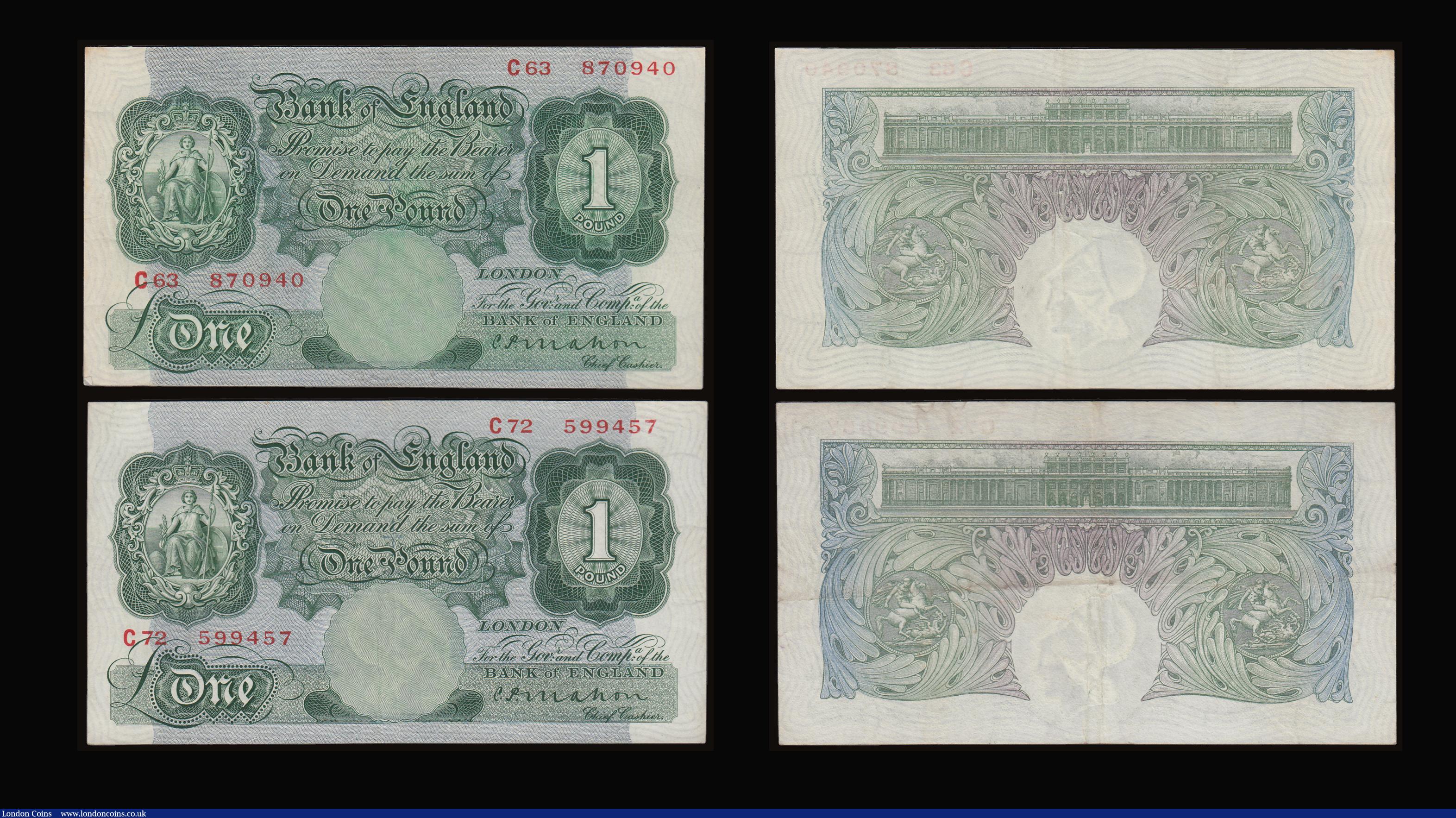 London Coins : A186 : Lot 17 : One Pound Mahon B212 issued 1928 (4) prefixes A40, A87, C63 and C72 generally VF or better