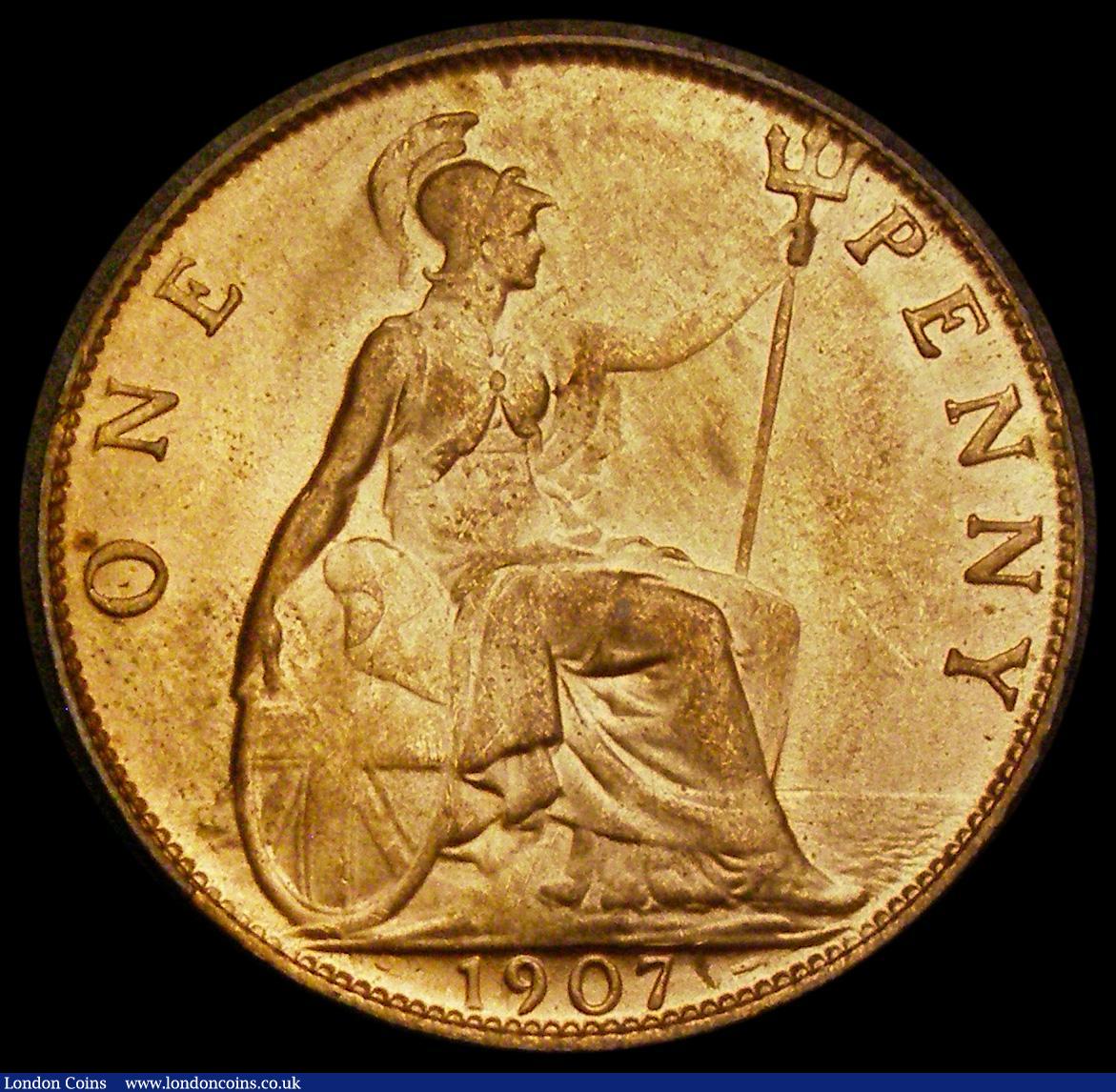 London Coins : A186 : Lot 1924 : Penny 1907 Freeman 163 dies 1+C UNC with practically full lustre and a few carbon spots on the obver...