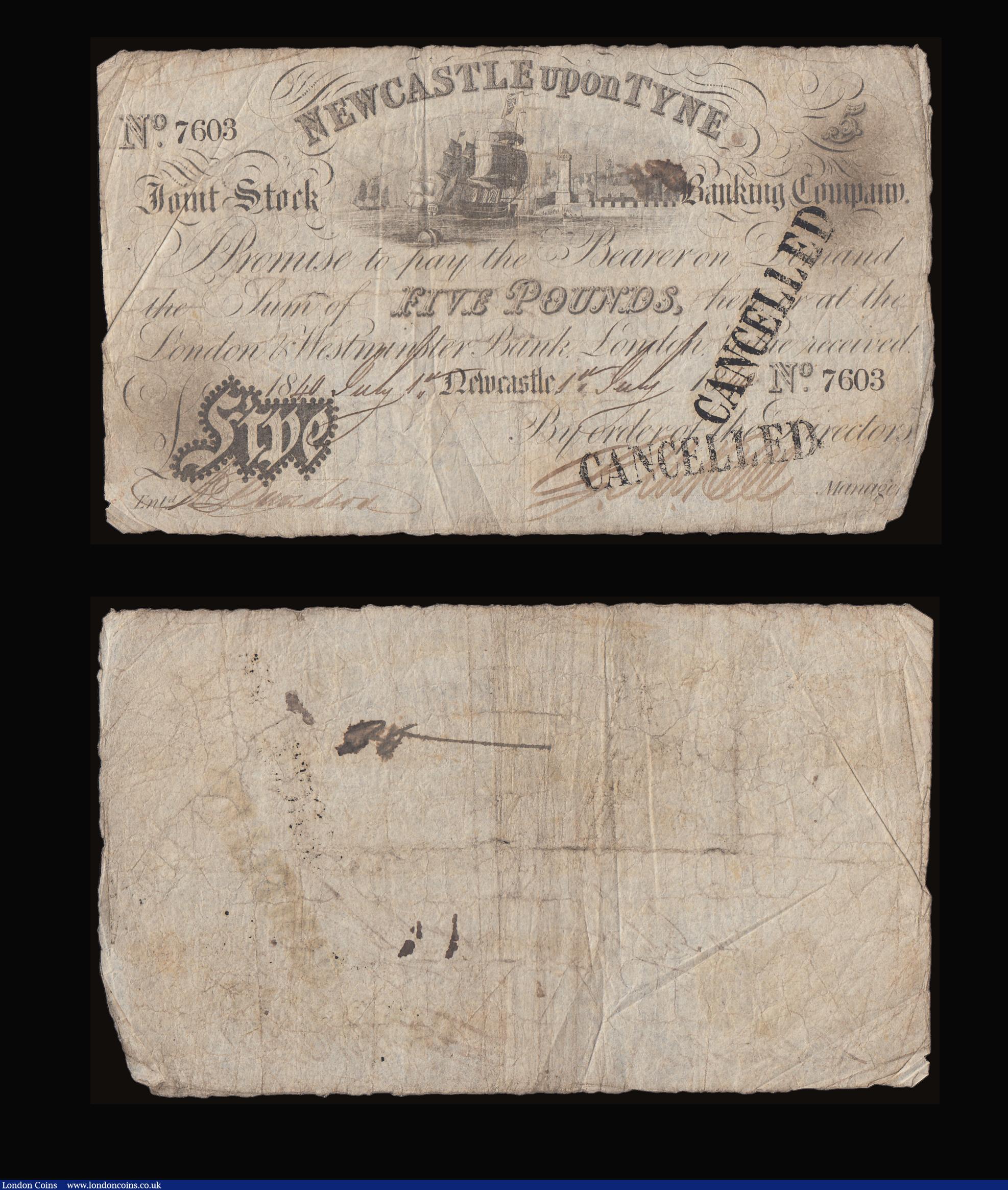 London Coins : A186 : Lot 230 : Newcastle upon Tyne &pound;5 Joint Stock Banking Company (3) dated 1838 No.2554, 1840 No. 6981 and 1...