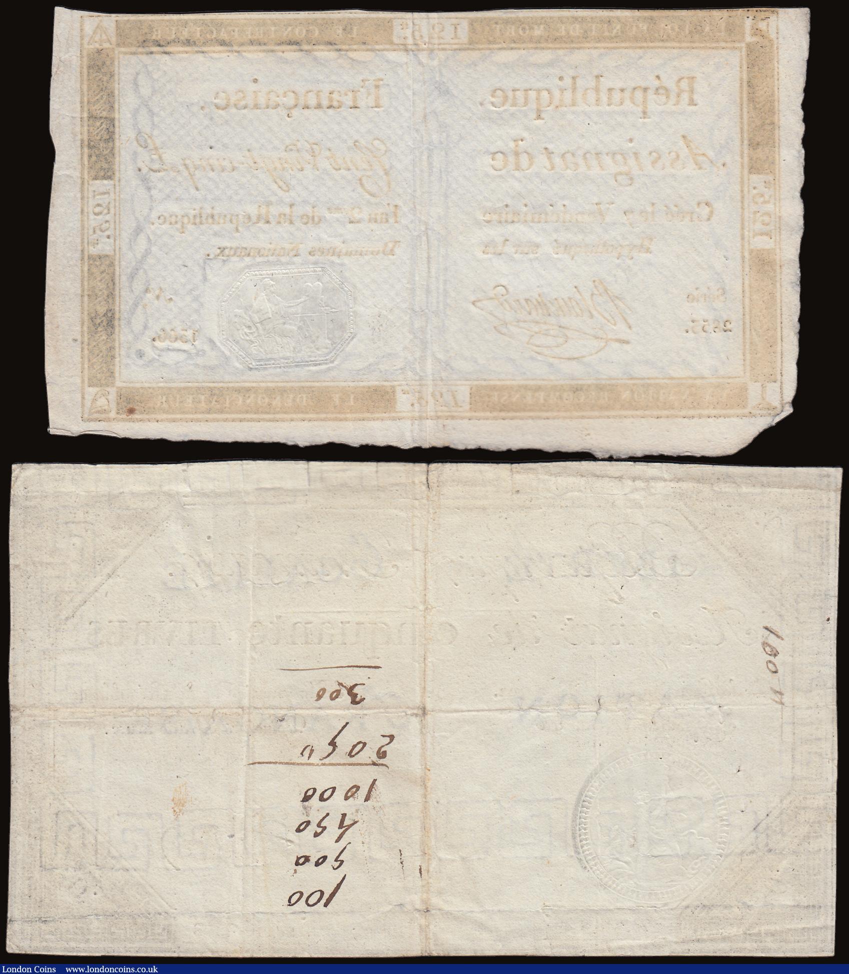 London Coins : A186 : Lot 250 : France (2) 50 Livres 14 Dec 1792 serie 4808 No 884 Pick A72 VF some minor edge tears and a few pinho...