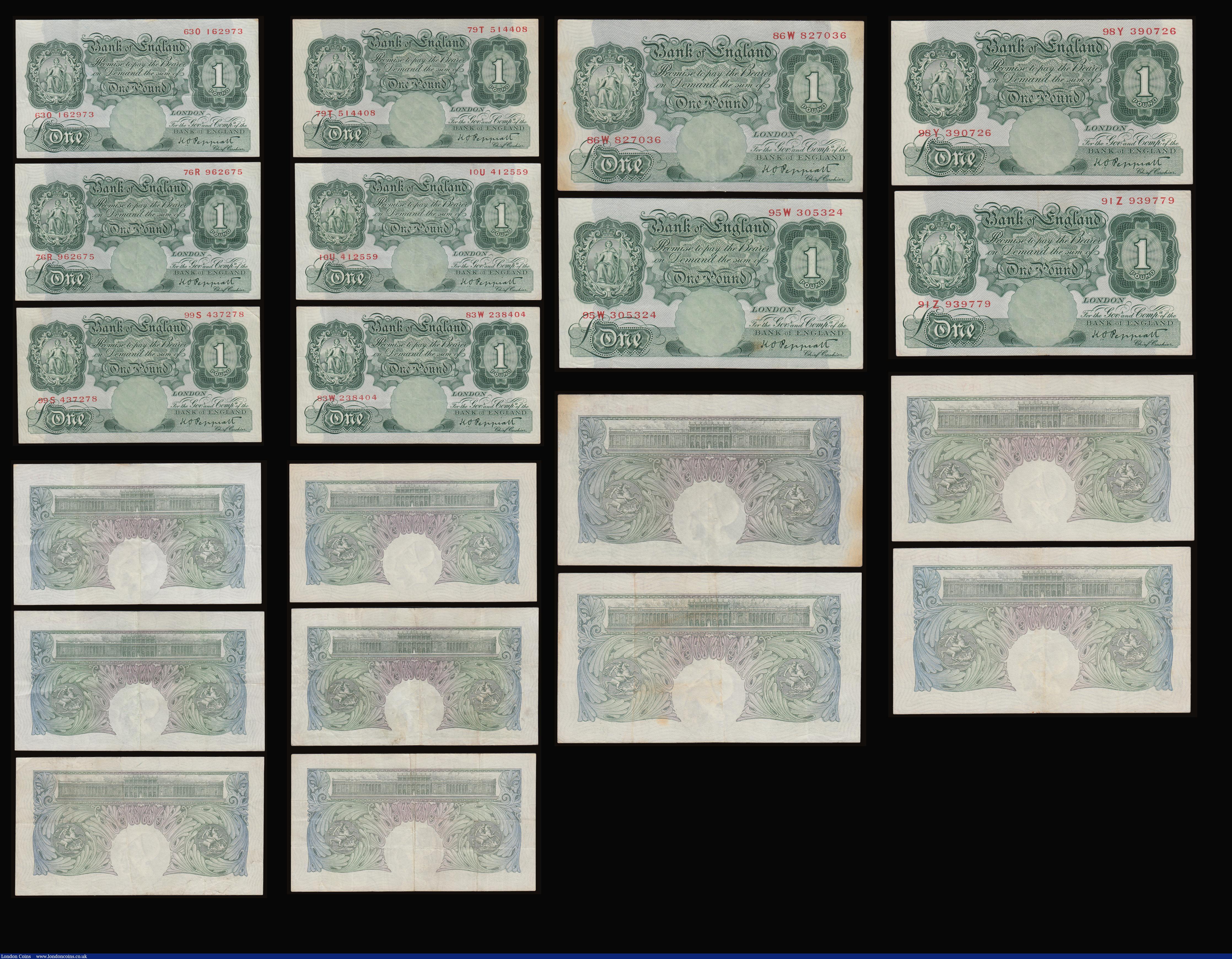 London Coins : A186 : Lot 31 : One Pound Peppiatt 1934 B238 (22) 4 with stains and a penned number others VF-EF