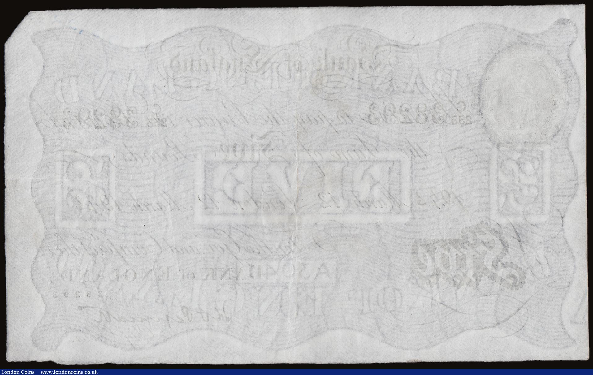 London Coins : A186 : Lot 38 : Five Pounds Peppiatt white B241 dated 12th March 1942 series C/233 38293, penned numbers on the top ...