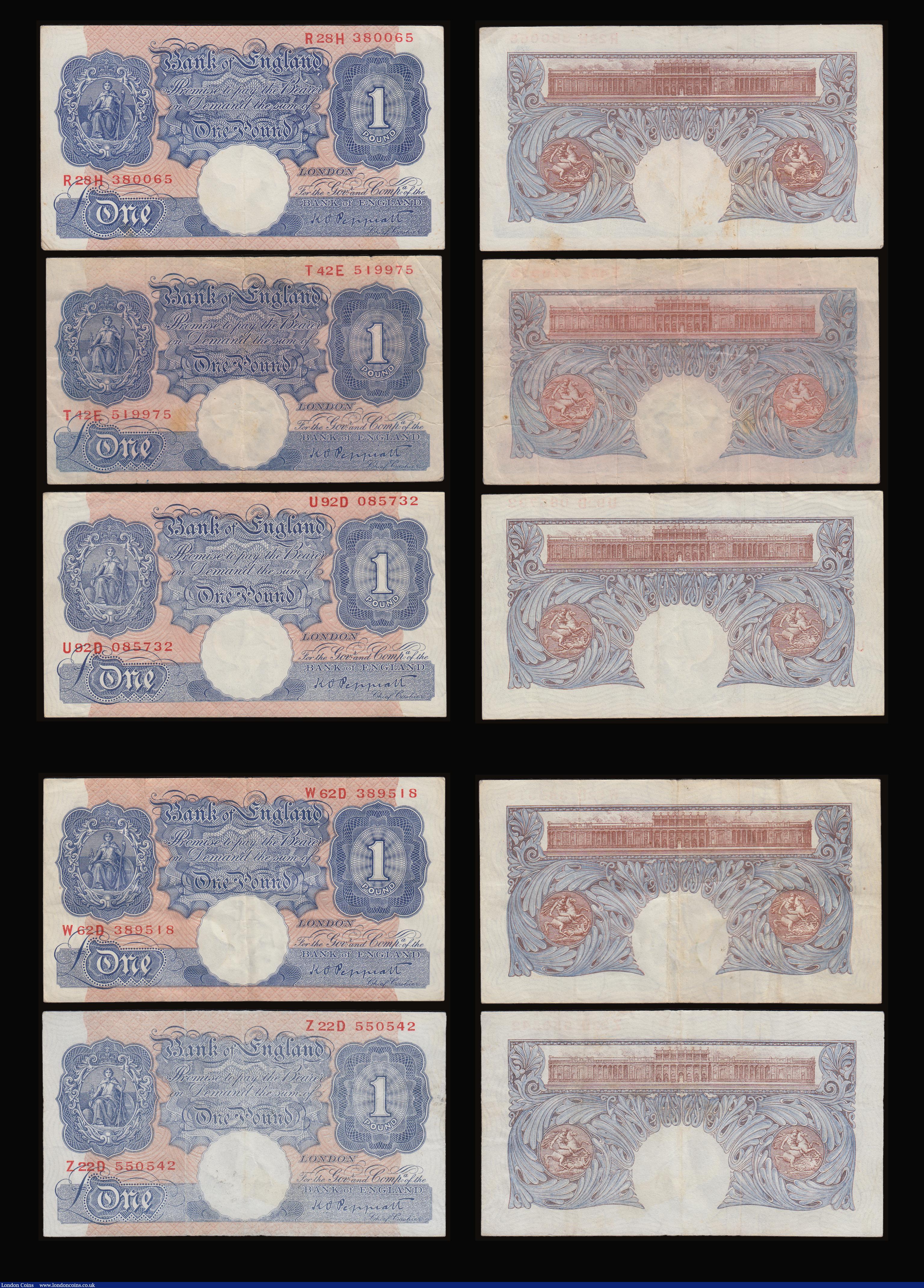 London Coins : A186 : Lot 47 : One Pound Peppiatt B239 (3) VF-EF along with 1940 Emergency Blue Issue (8) these Fine or better