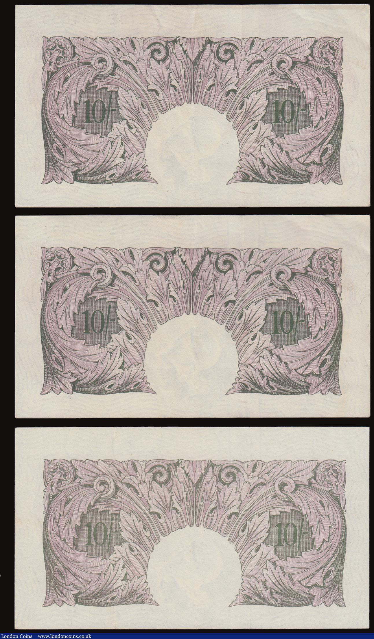 London Coins : A186 : Lot 53 : Ten Shillings Peppiatt Mauve 1940 B251 (3) Z27E 123344 EF along with a consecutive number pair Z12E ...