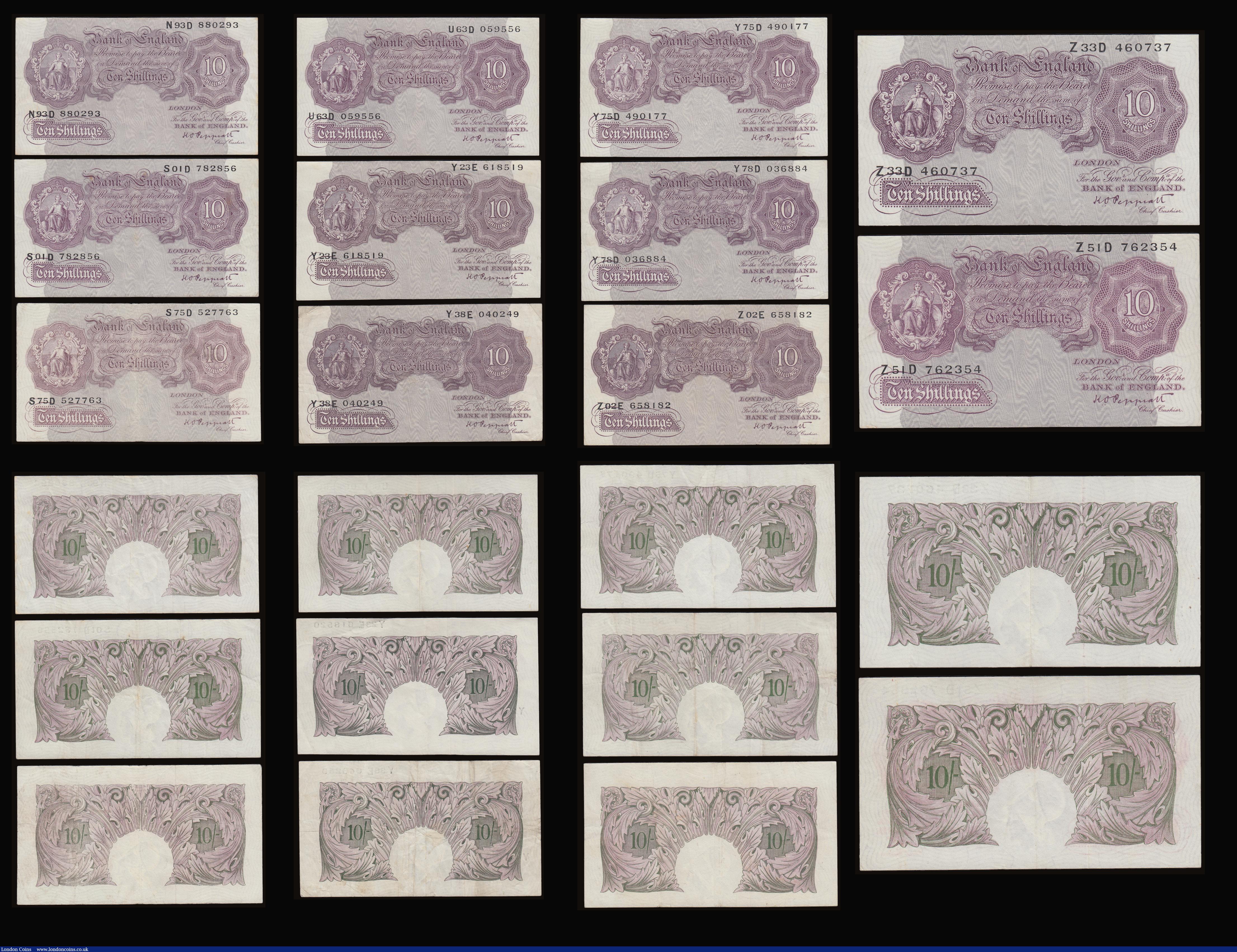 London Coins : A186 : Lot 54 : Ten Shillings Peppiatt mauve B251 issued 1940 (20) a collectable middle grade group generally VF or ...