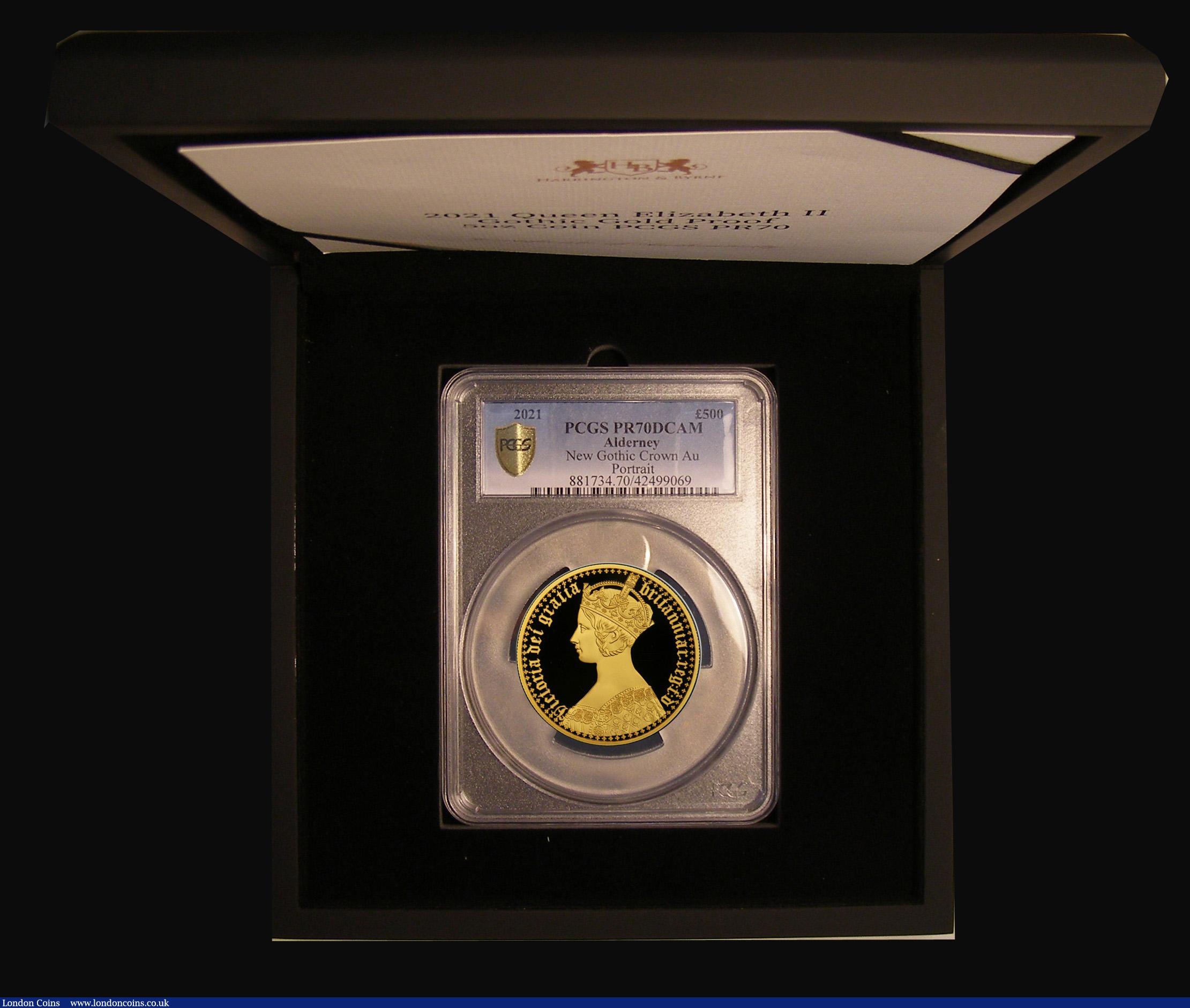 London Coins : A186 : Lot 547 : Alderney 500 Pounds 2021 Gothic Portrait 5 OZ Gold Proof  PCGS PR70DCAM 