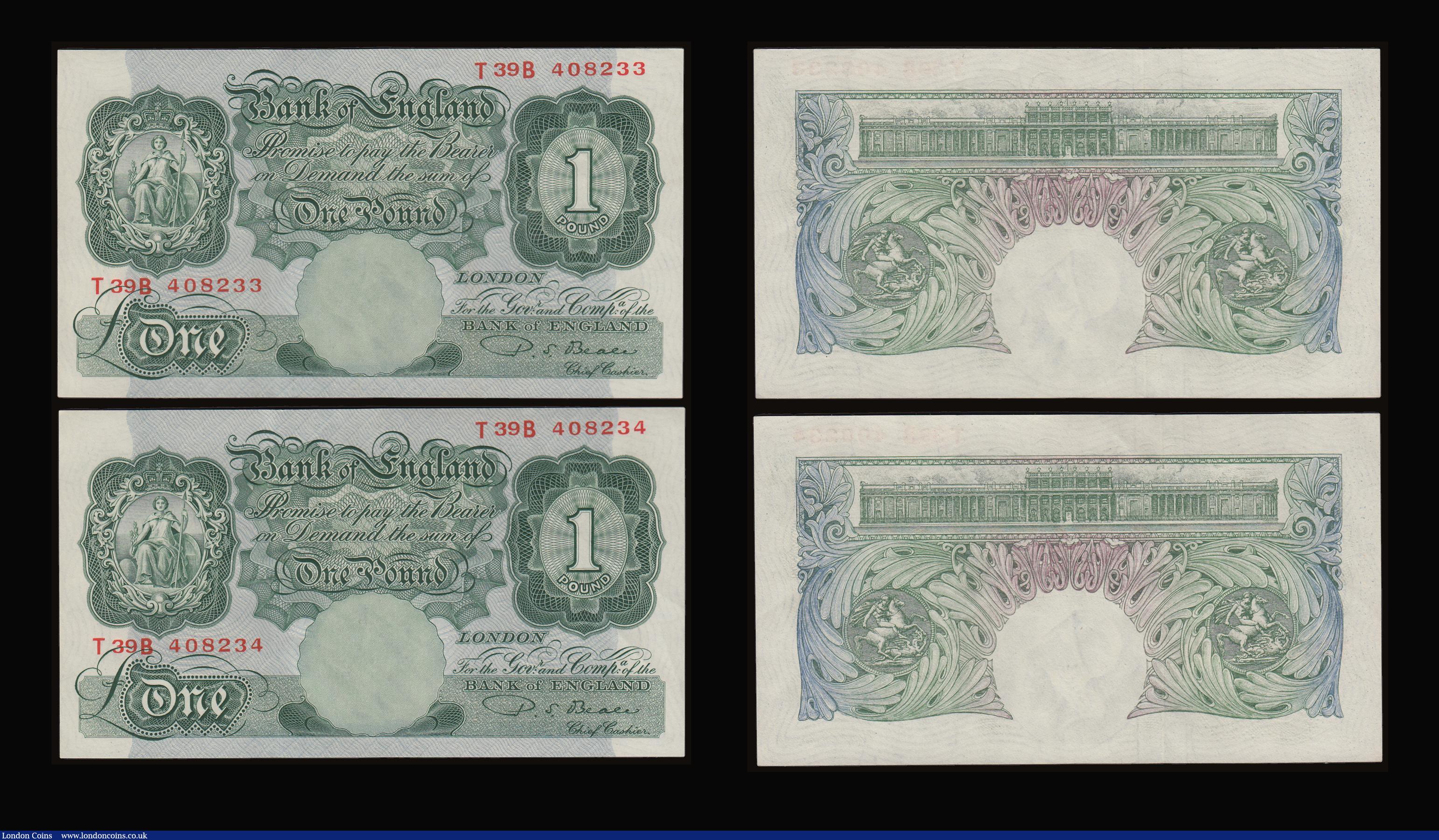 London Coins : A186 : Lot 60 : One Pound Green Seated Britannia two consecutive pairs Peppiatt Fourth Period, B260 Threaded issue 1...