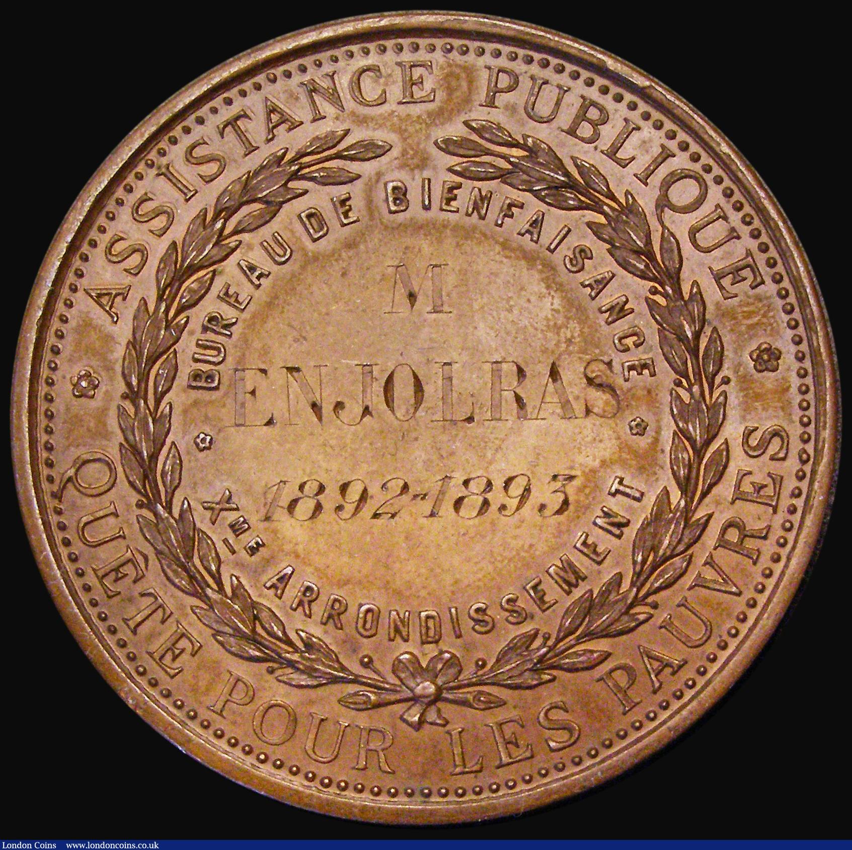London Coins : A186 : Lot 808 : France Award Medal 1893 10th District Charity Office, 42mm diameter in copper, by A.Lesaill, Obverse...