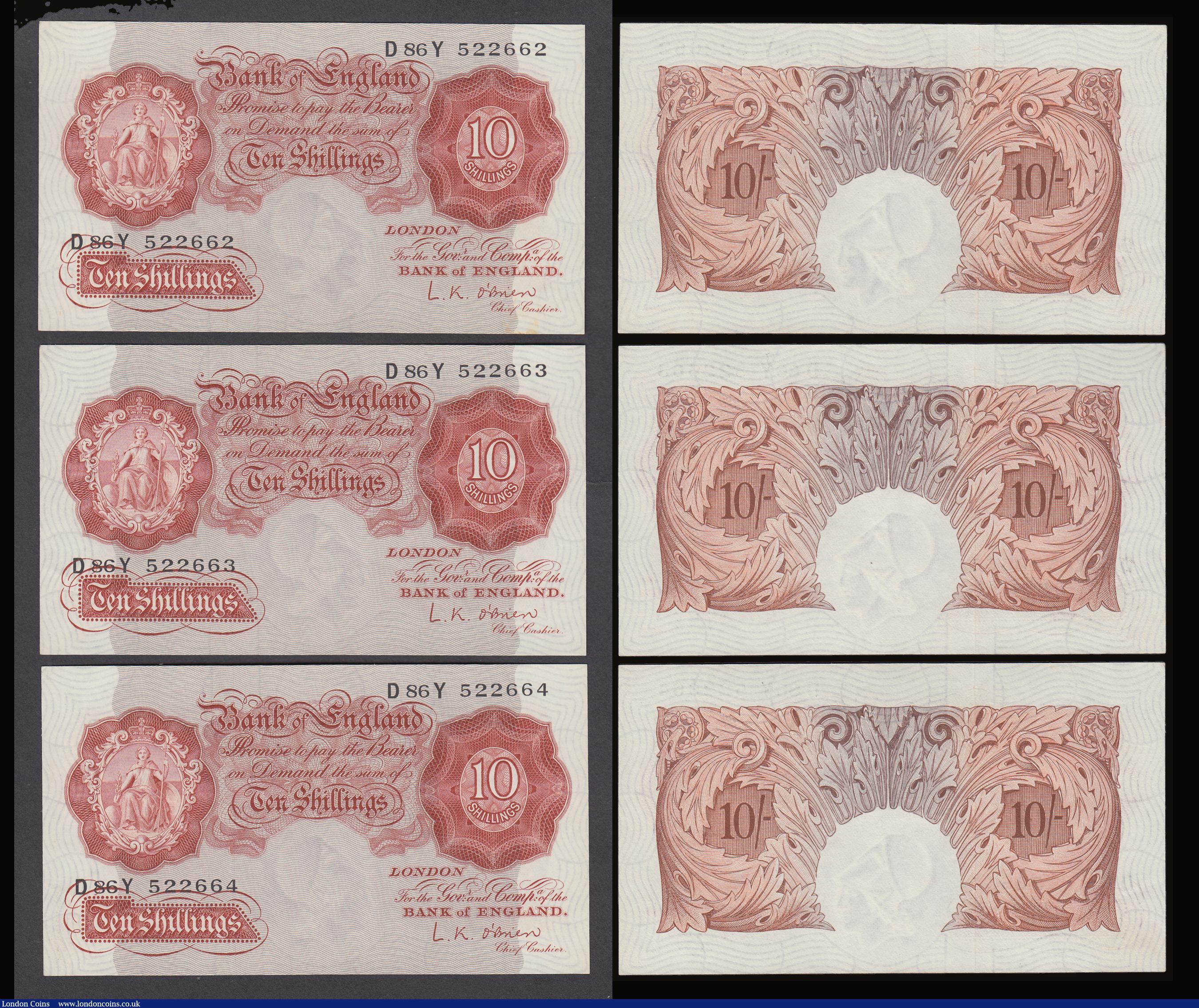 London Coins : A186 : Lot 83 : Ten Shillings O'Brien B271, 1955 consecutive number runs (9 notes)  a run of seven D86Y 522658 ...