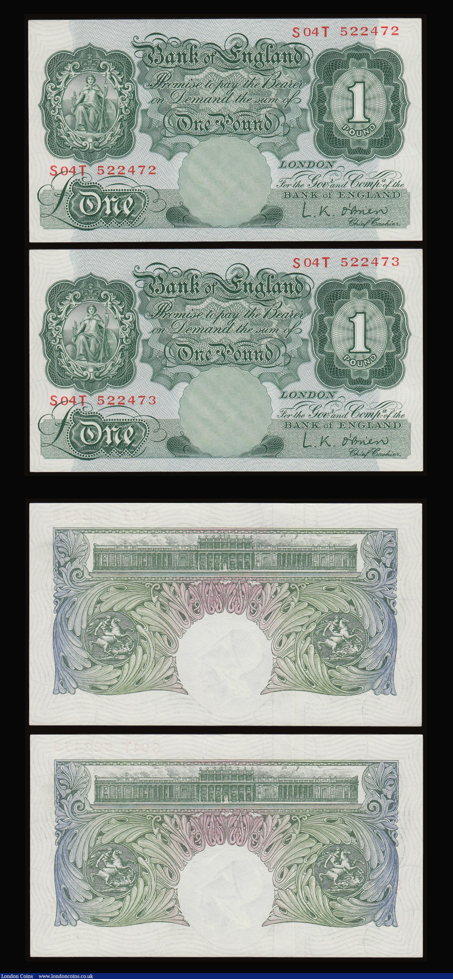 London Coins : A186 : Lot 89 : One Pound O'Brien replacement B274 prefix S--T (4) consecutives S04T 522472 to 522475 Unc 