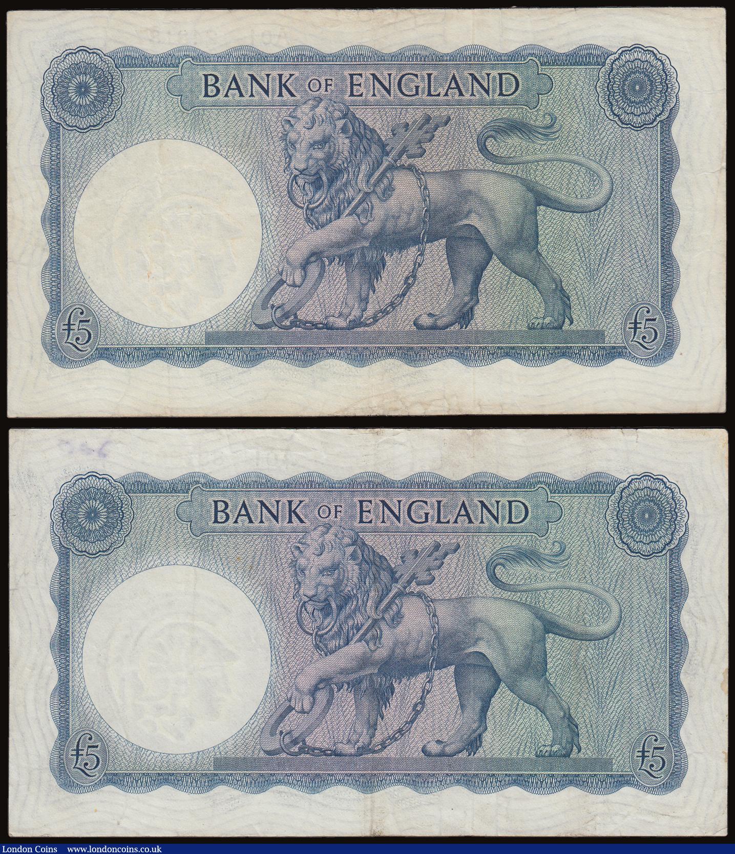 London Coins : A186 : Lot 94 : Five Pounds O'Brien B277 Helmeted Britannia at right, Lion and Key reverse issued 1957 scarce f...